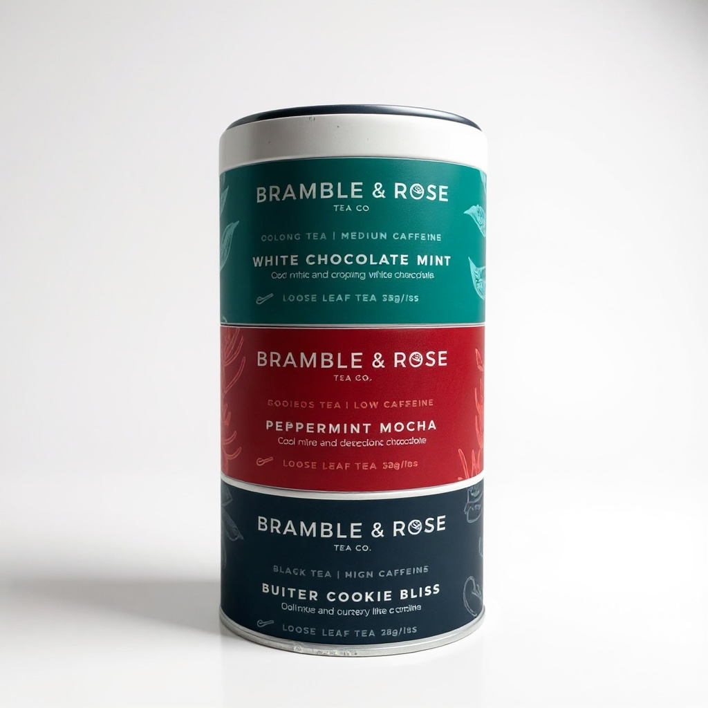 A sampler tin containing three Bramble & Rose teas: White Chocolate Mint oolong tea (top teal label), Peppermint Mocha rooibos tea (middle red label), and Butter Cookie Bliss black tea (bottom blue label) on a white background.