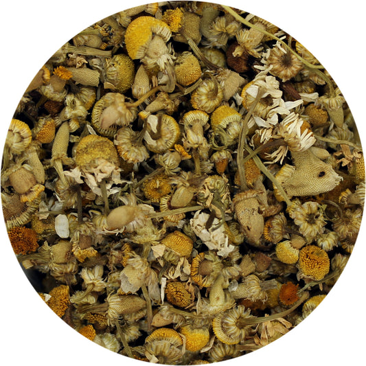a close-up image of dried chamomile flowers in a circular frame
