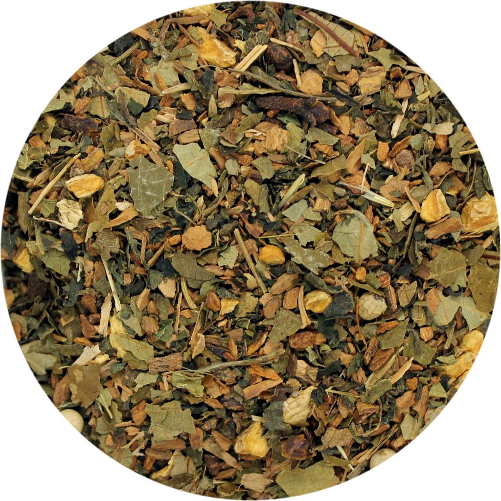 a close-up image of dried hawthorn petals, cinnamon pieces, ginger pieces, cardamom pieces, black peppercorns, and cloves in a circular frame