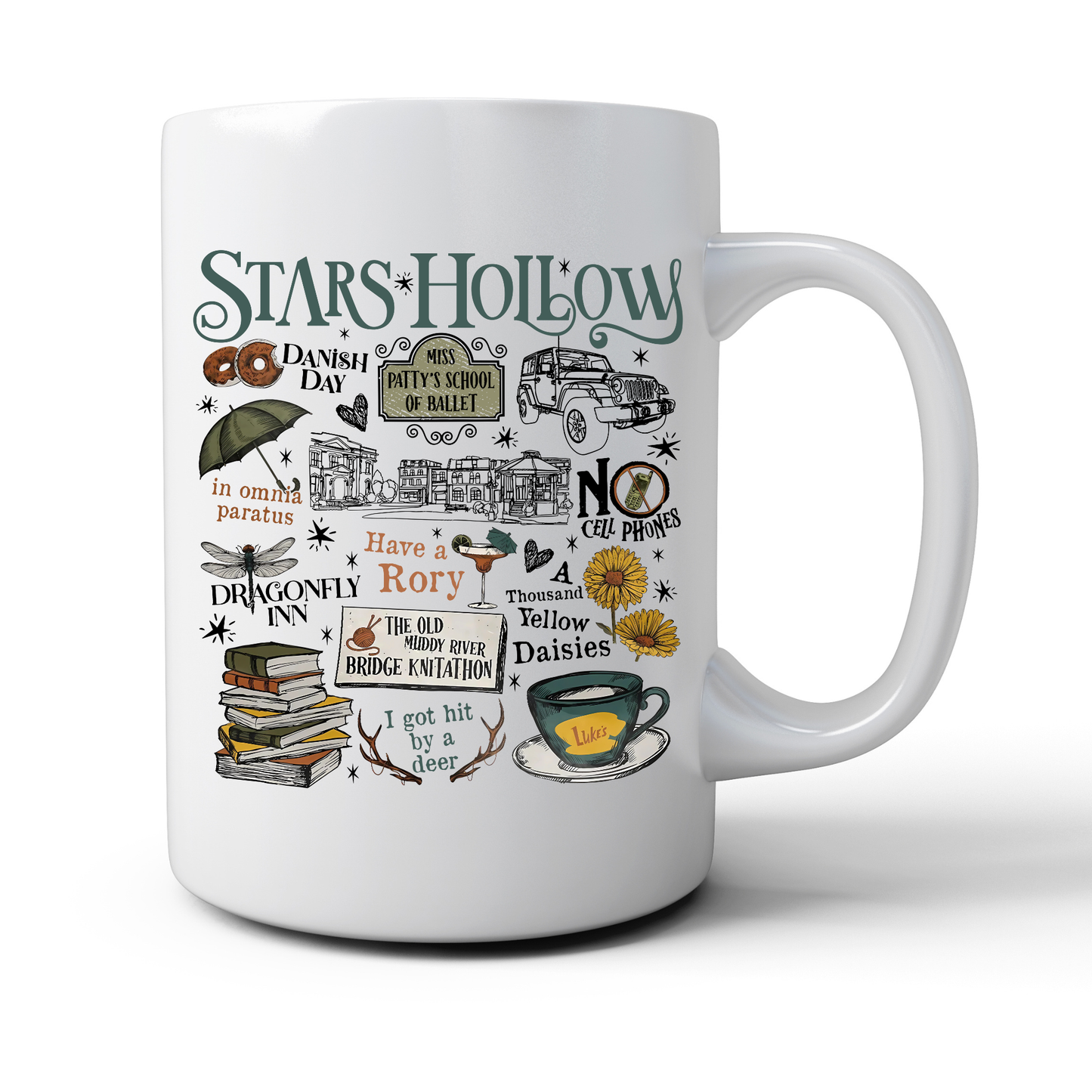 A white tea mug that says "Stars Hollow" and features a multitude of colorful images below it such as "Dragon Fly Inn" with a dragon fly graphic and "Yellow Daisies" alongside a picture of yellow daisies on a white background.