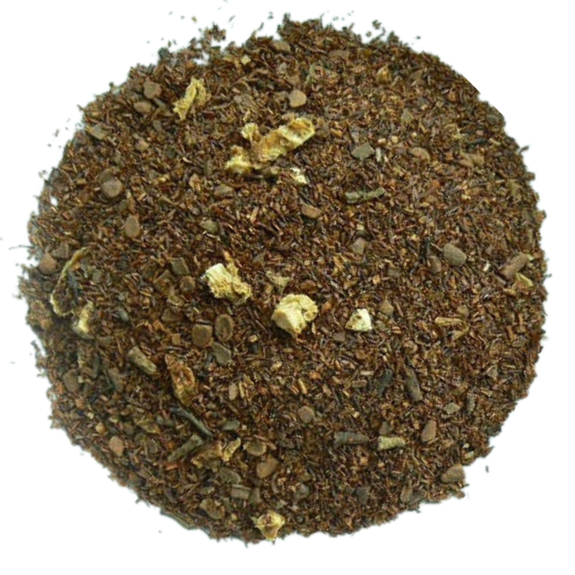 A close-up image of dried rooibos with orange peel, cinnamon bits, and cloves