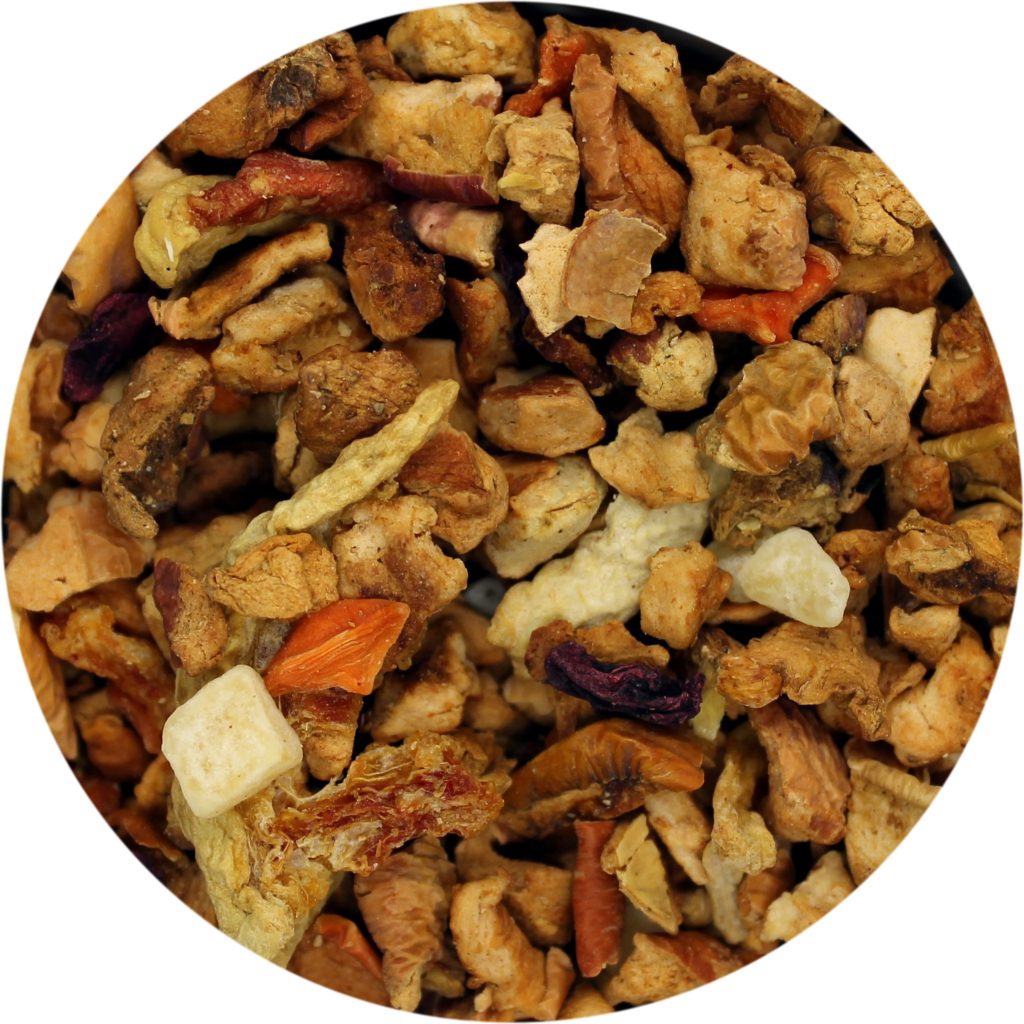 A close-up image of dried pieces of watermelon, honeydew, apple, carrot, and beetroot in a circular frame