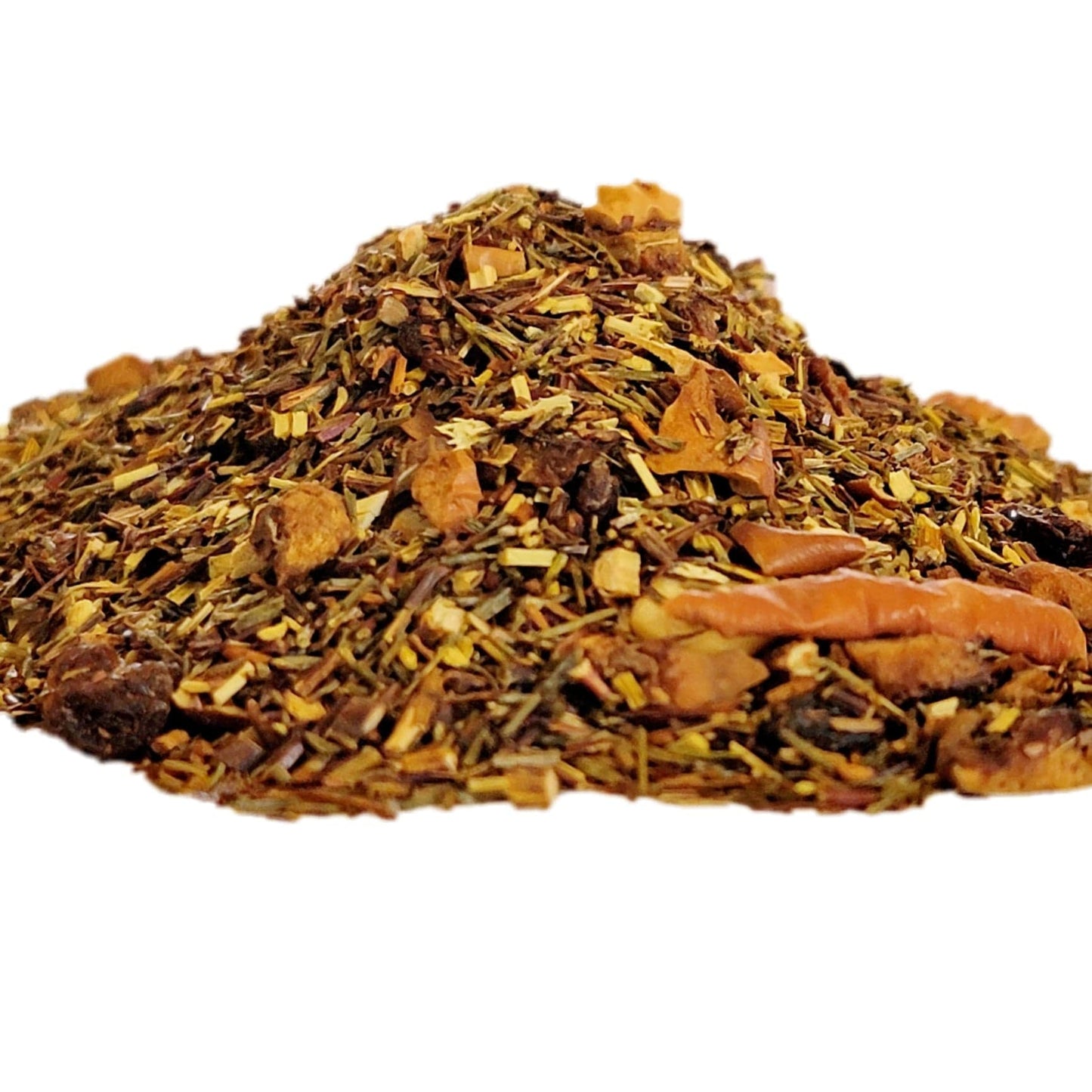 A close-up image of dried honeybush and rooibos leaves with dried apple, raisin, and hazelnut.