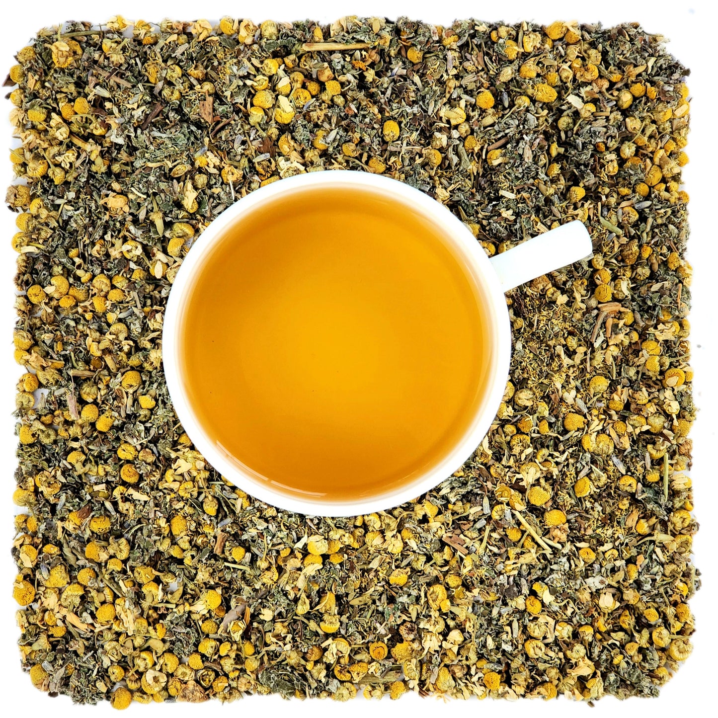 An overhead image of dried Bramble & Rose Tea Co. BFF Balance Blend loose leaf tea including pieces of dried chamomile flowers, lavender, red raspberry leaves, and mint leaves. There is a white teacup in the center with a yellow/gold liquid of steeped BFF Balance Blend tea