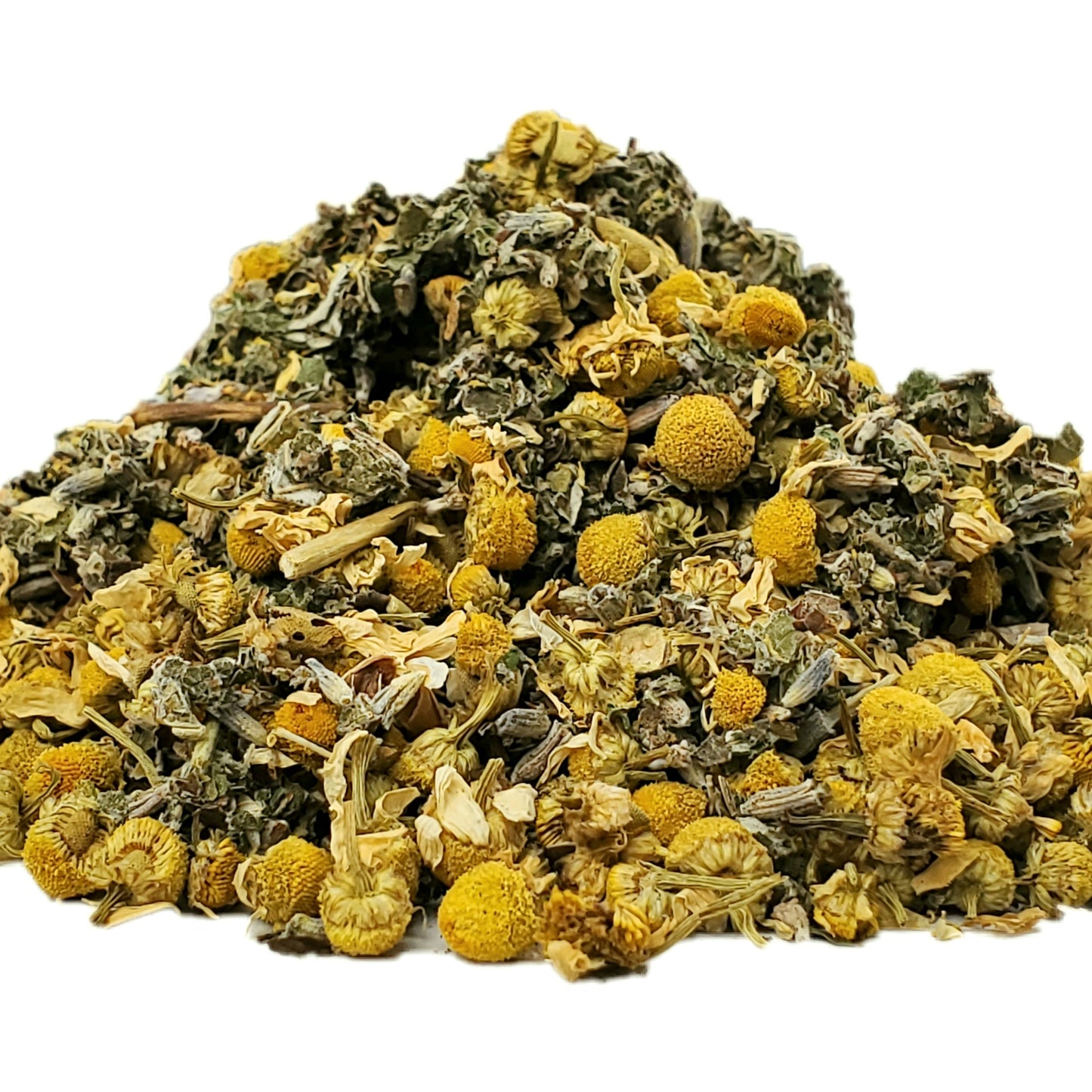 A close-up image of dried BFF Balance Blend tea including dried chamomile flowers, lavender,  red raspberry leaves, and mint leaves