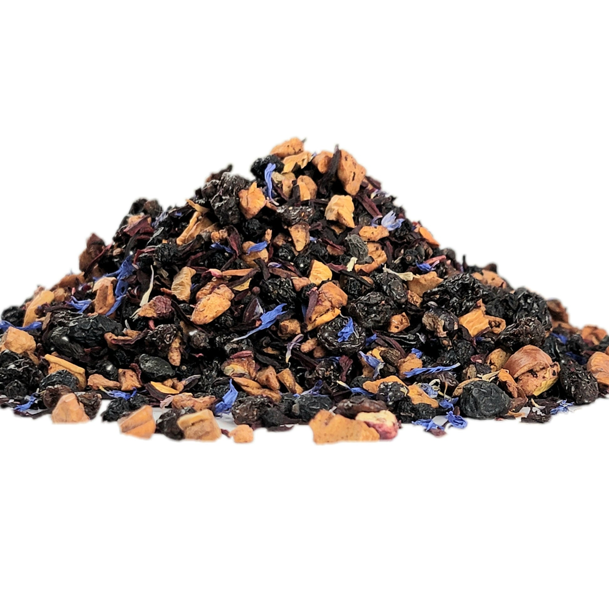 A close-up image of dried Blueberry Crush Herbal tea including pieces of dried blueberry, elderberry, apple, and blue flower petals