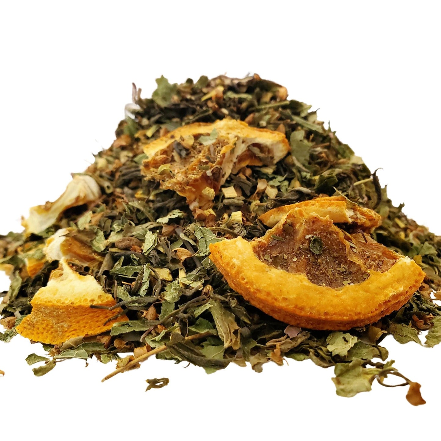 A close-up image of dried Bramble & Rose Tea Co. Breathe Green tea  loose leaf tea including pieces of dried citrus fruits