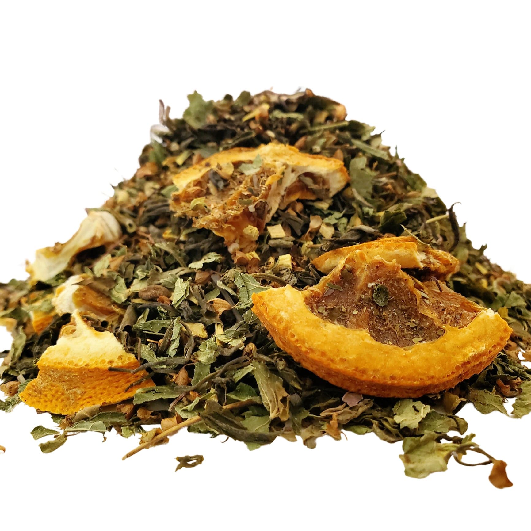 A close-up image of dried Bramble & Rose Tea Co. Breathe Green tea  loose leaf tea including pieces of dried citrus fruits
