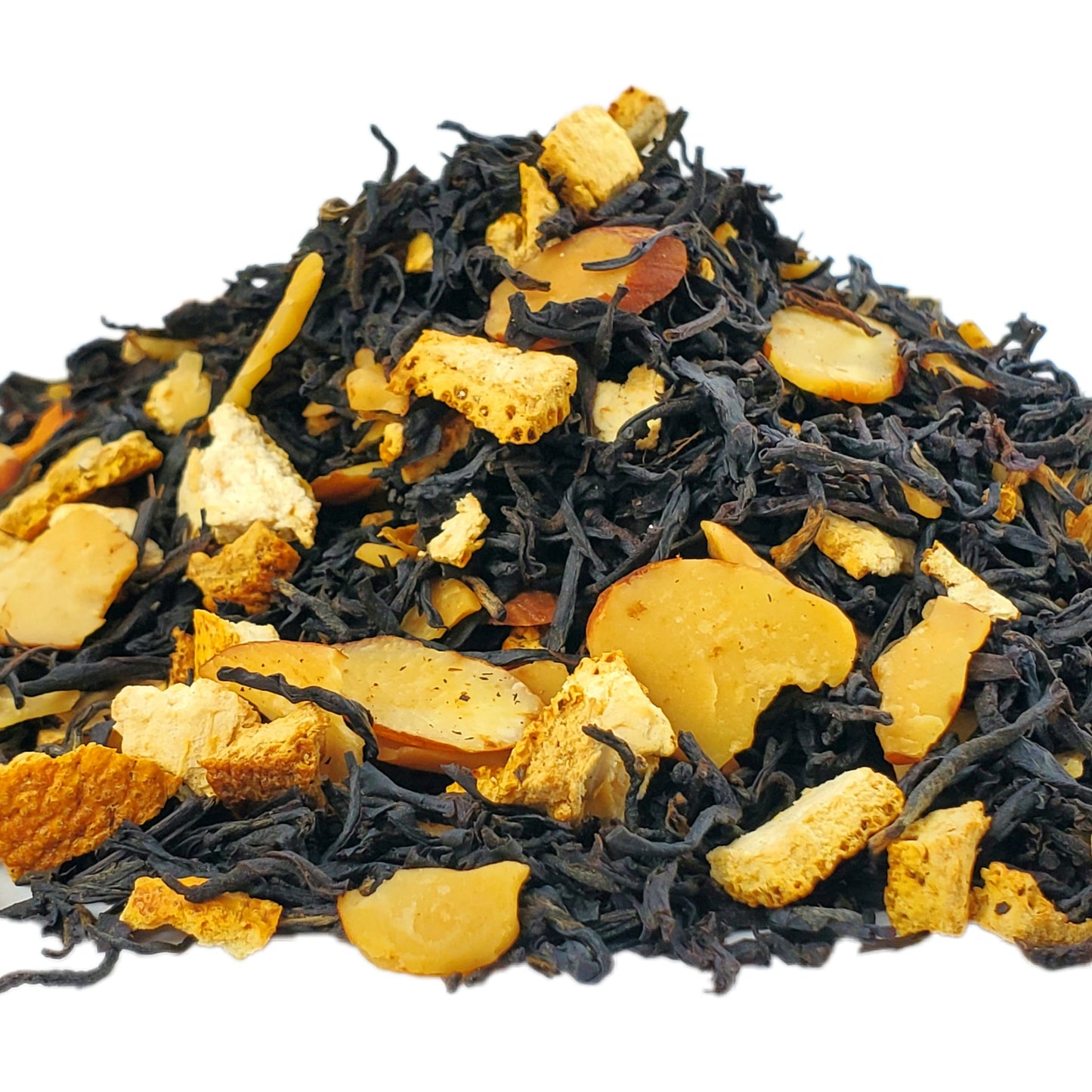 A close-up image of dried Butter Cookie Bliss Black Tea leaves with almond and orange peel pieces.