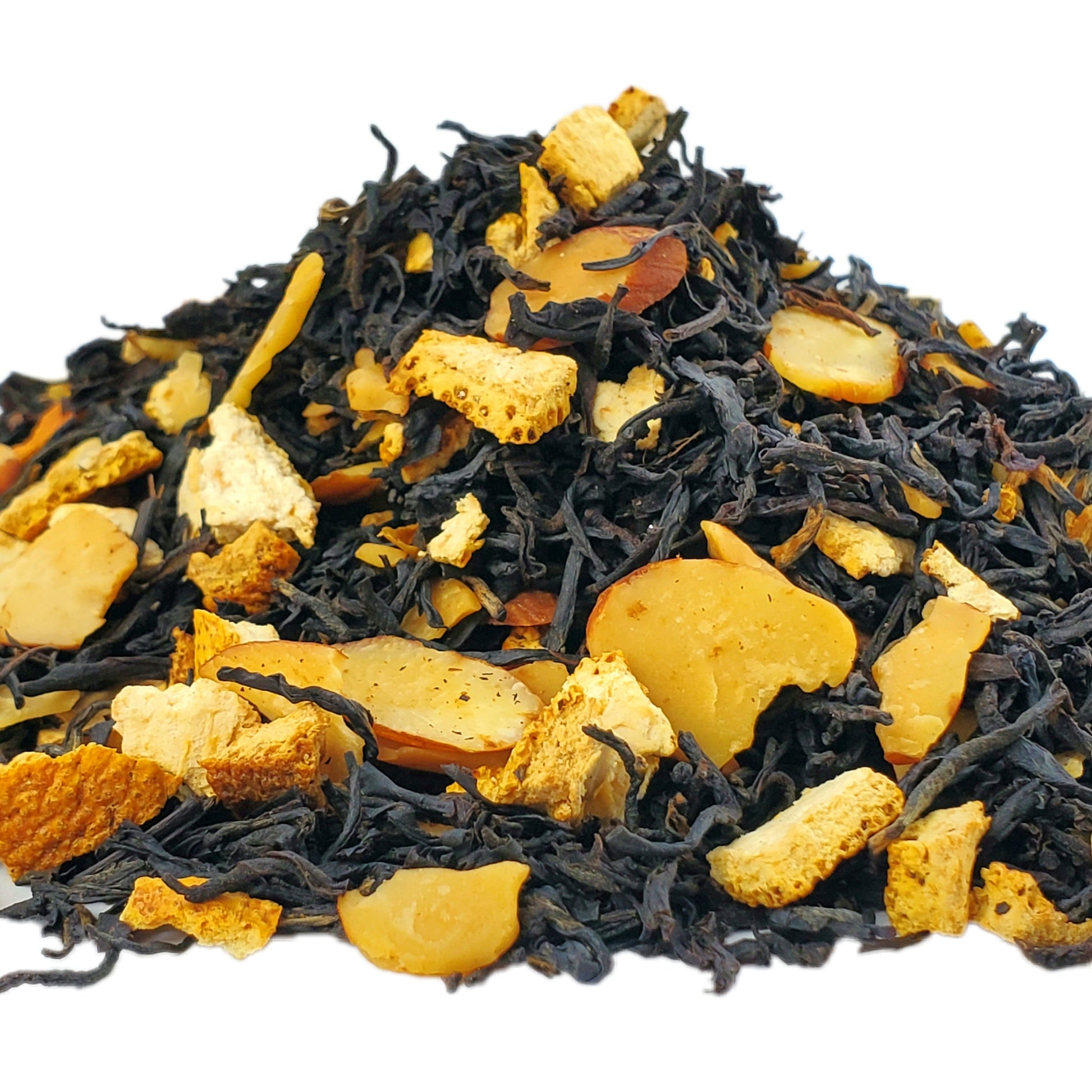 A close-up image of dried Butter Cookie Bliss Black Tea leaves with almond and orange peel pieces.