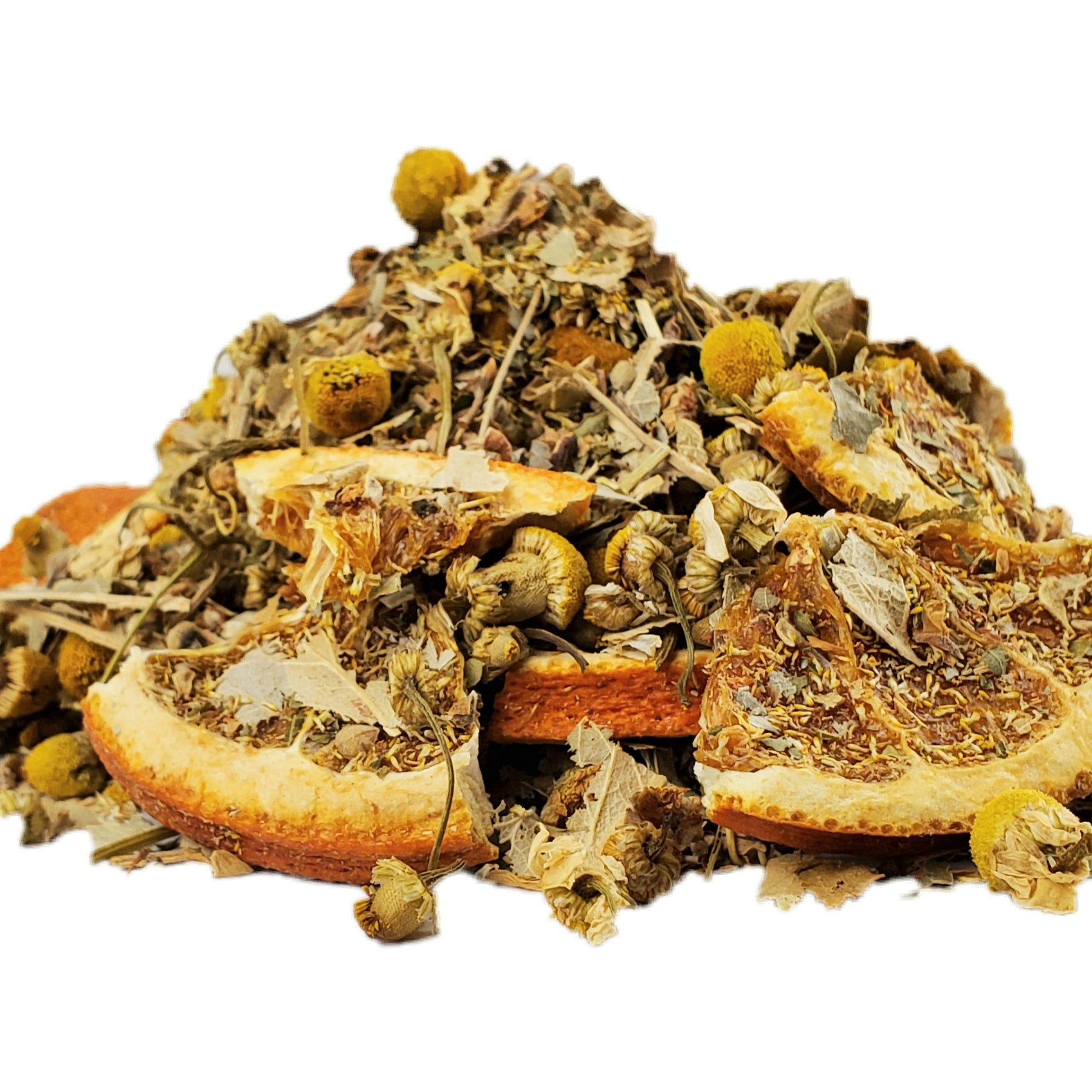 A close-up image of dried chamomile flowers and citrus fruit slices