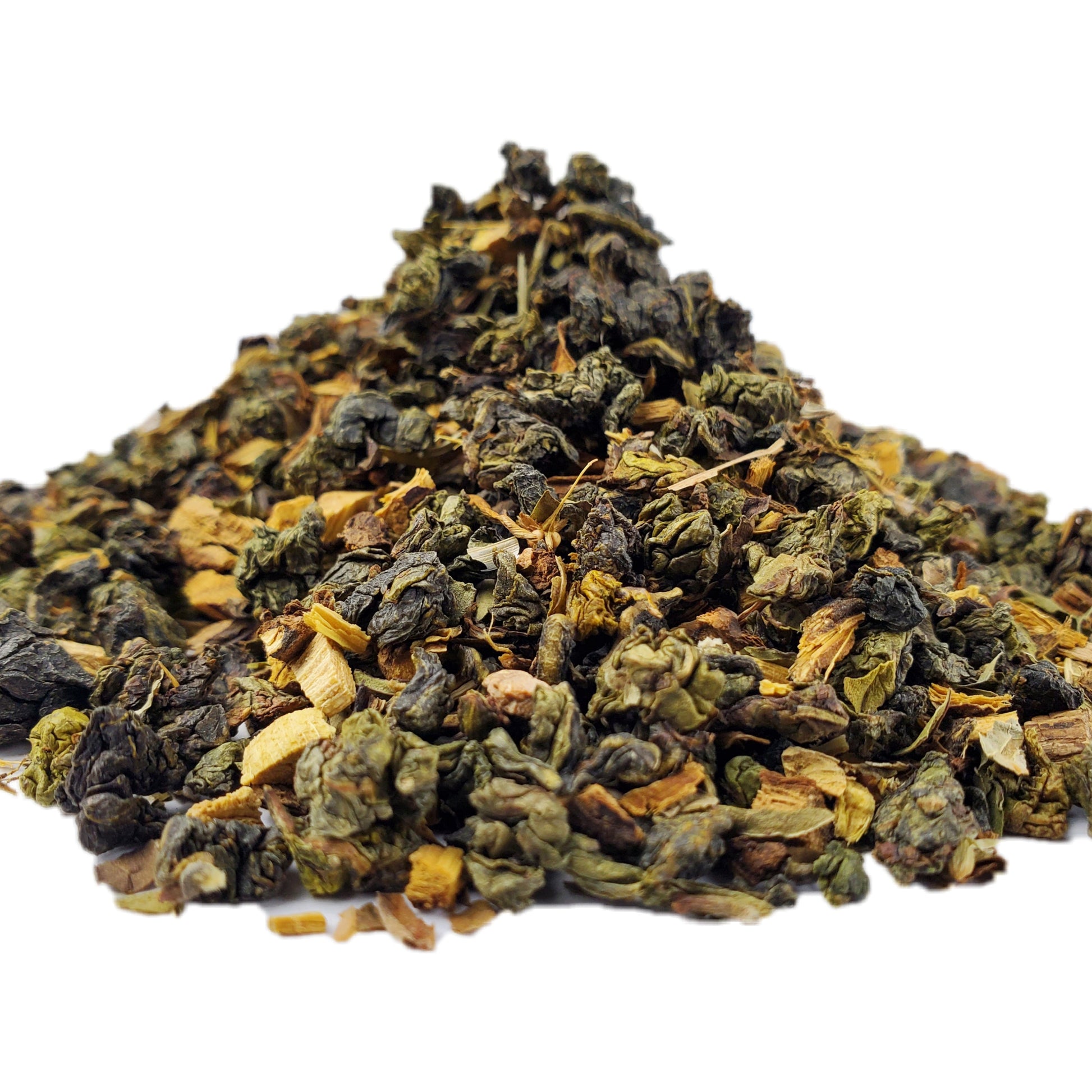 A pile of dried loose tea leaves and herbs, including Oolong tea leaves and yellow dried pieces, representing the contents of the 'Dandelion Detox' tea product.