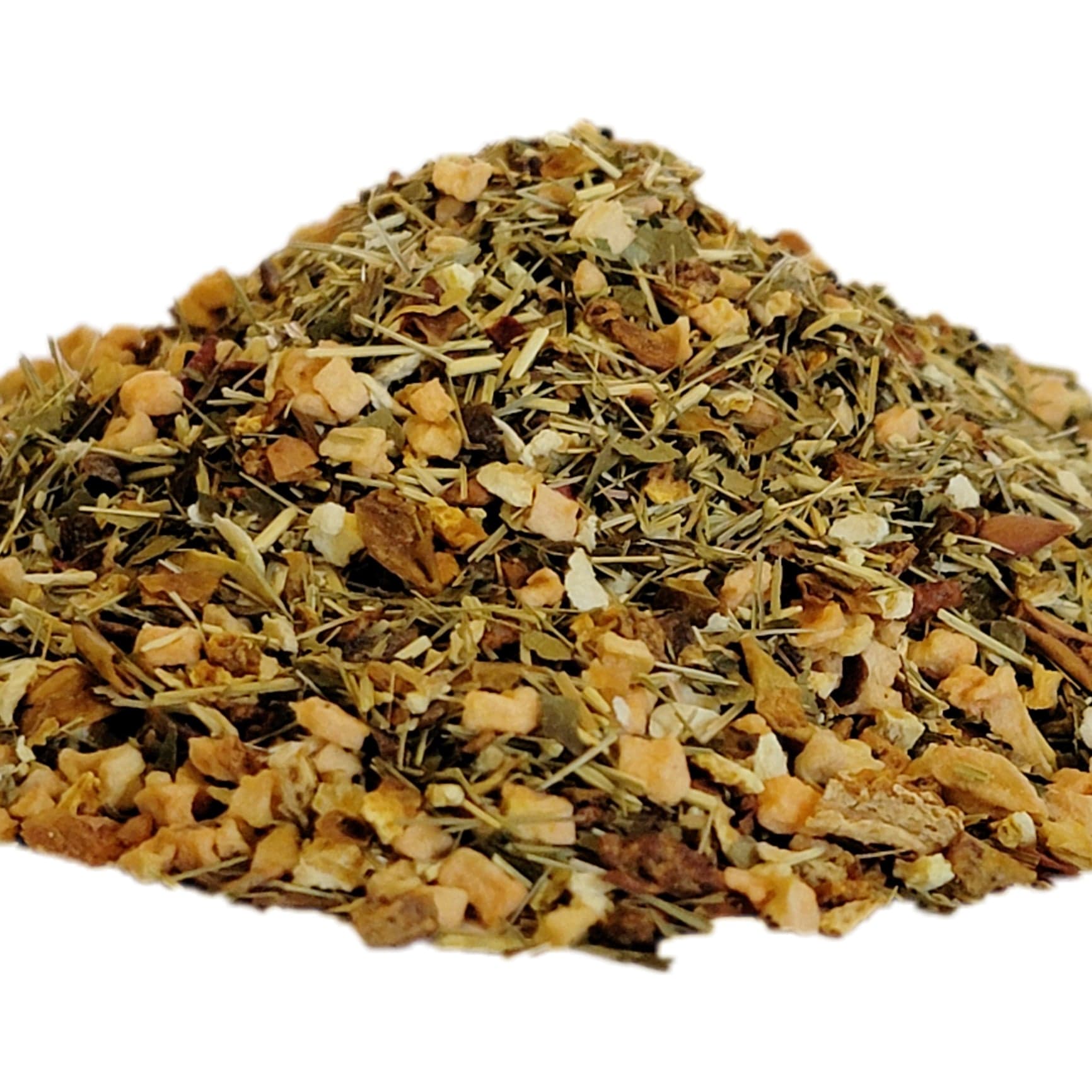 A close-up image of dried lemongrass, lemon peel, blackberry leaves, and apple pieces.