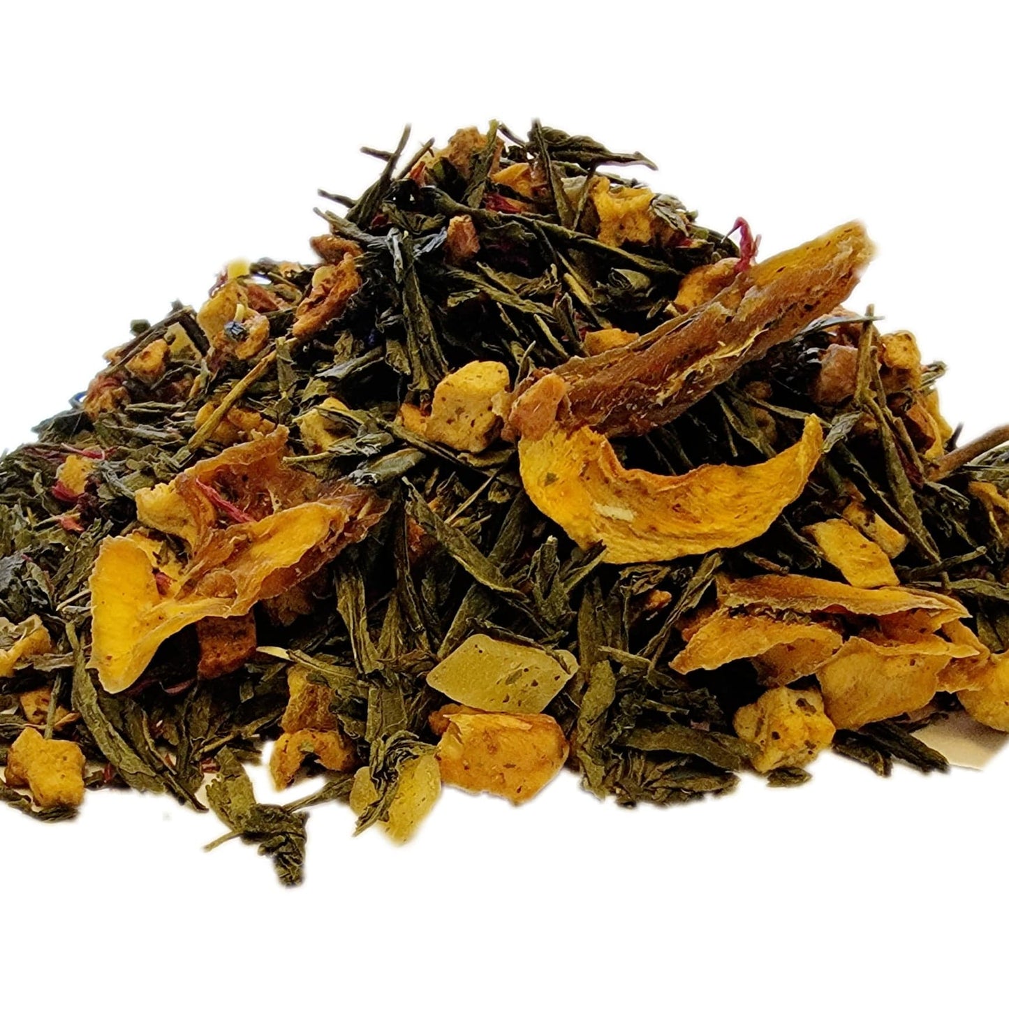 A close-up image of dried green tea leaves with pieces of dried mango, guava, apple, and pink cornflower petals.