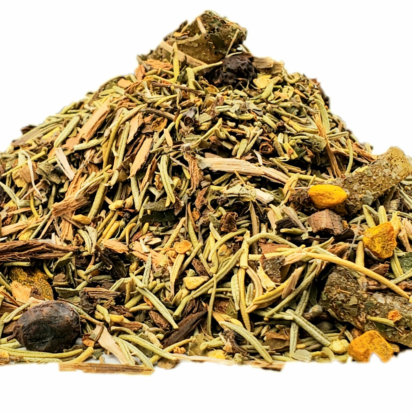 A close-up image of dried Ginger, Rosemary, Turmeric, Hawthorn, White willow bark.