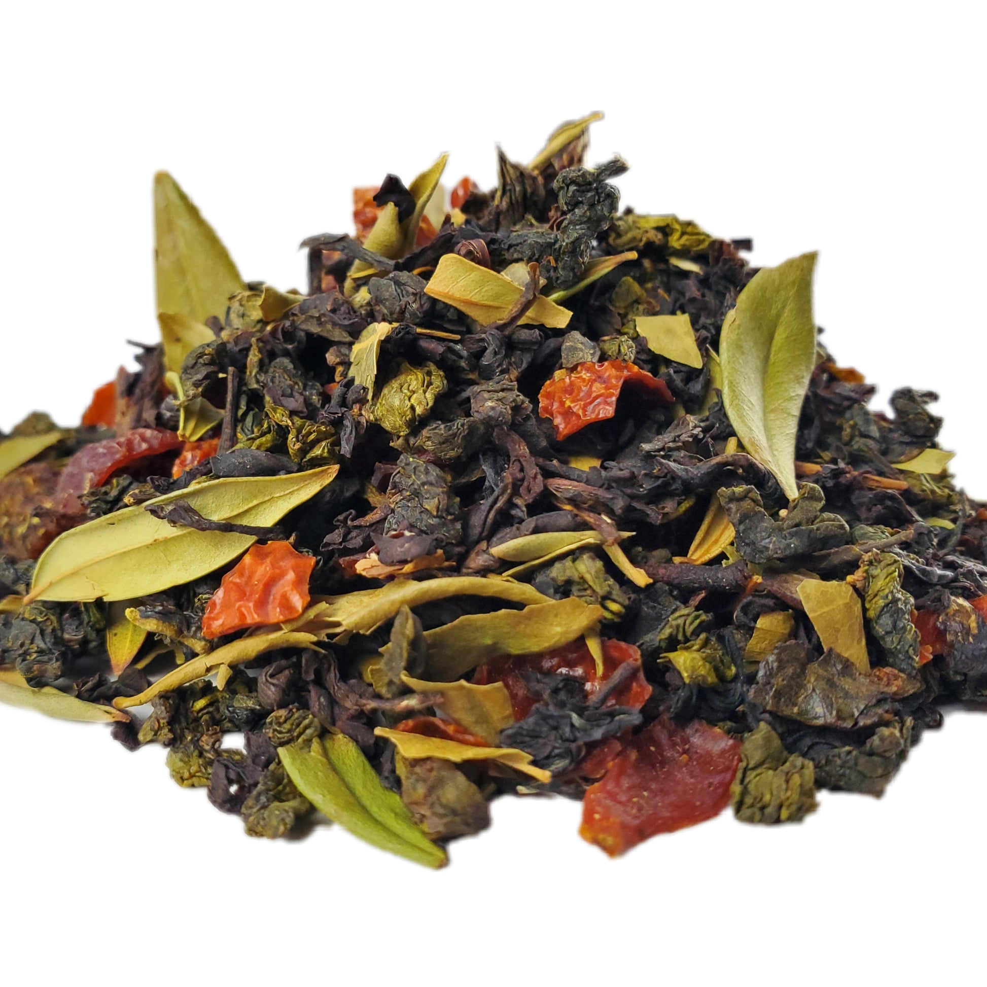 A close-up image of dried and curled oolong tea leaves with peach pieces, rosehips, and lemon myrtle leaves.
