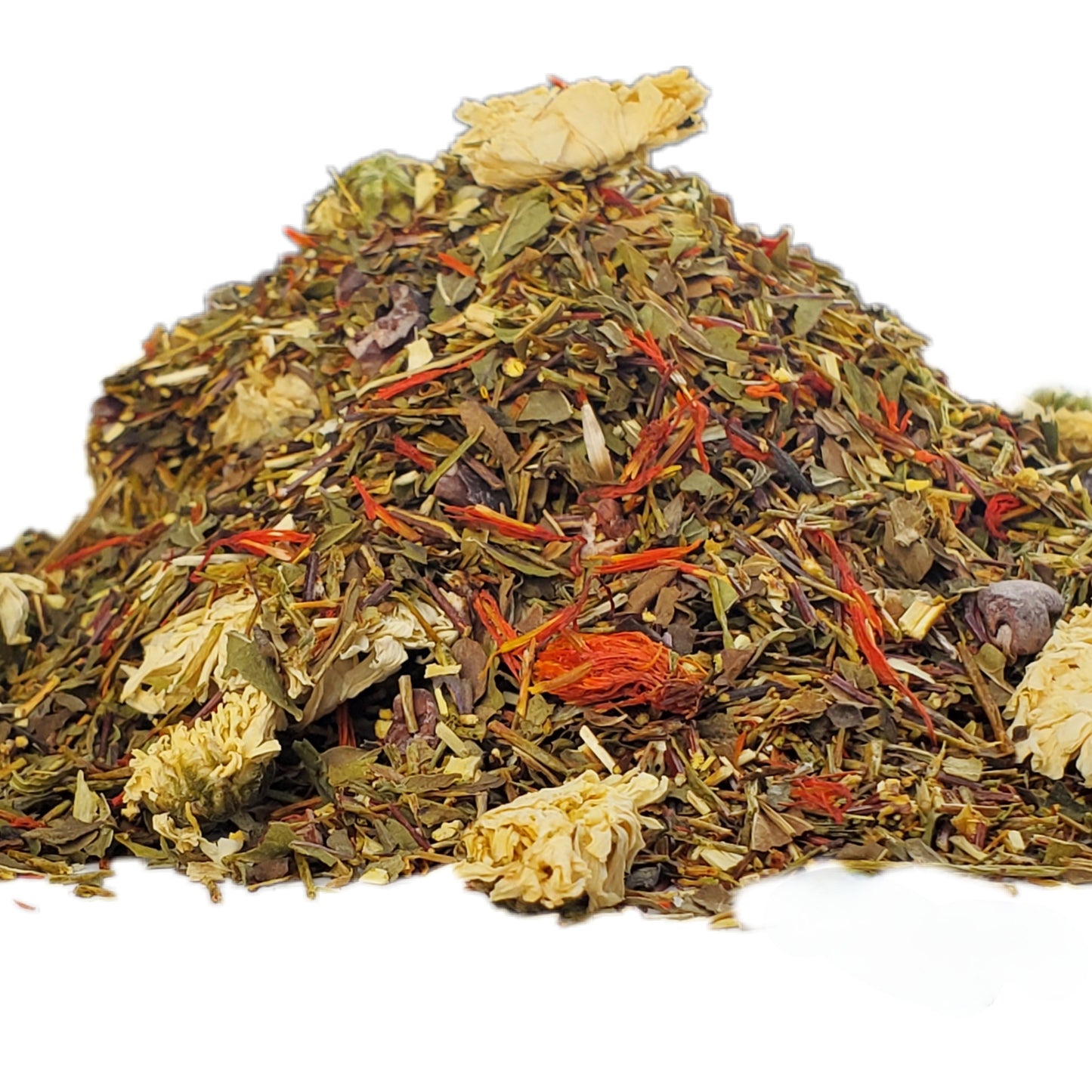 A close-up of dried green rooibos leaves, with peppermint, cacao, and flower buds.