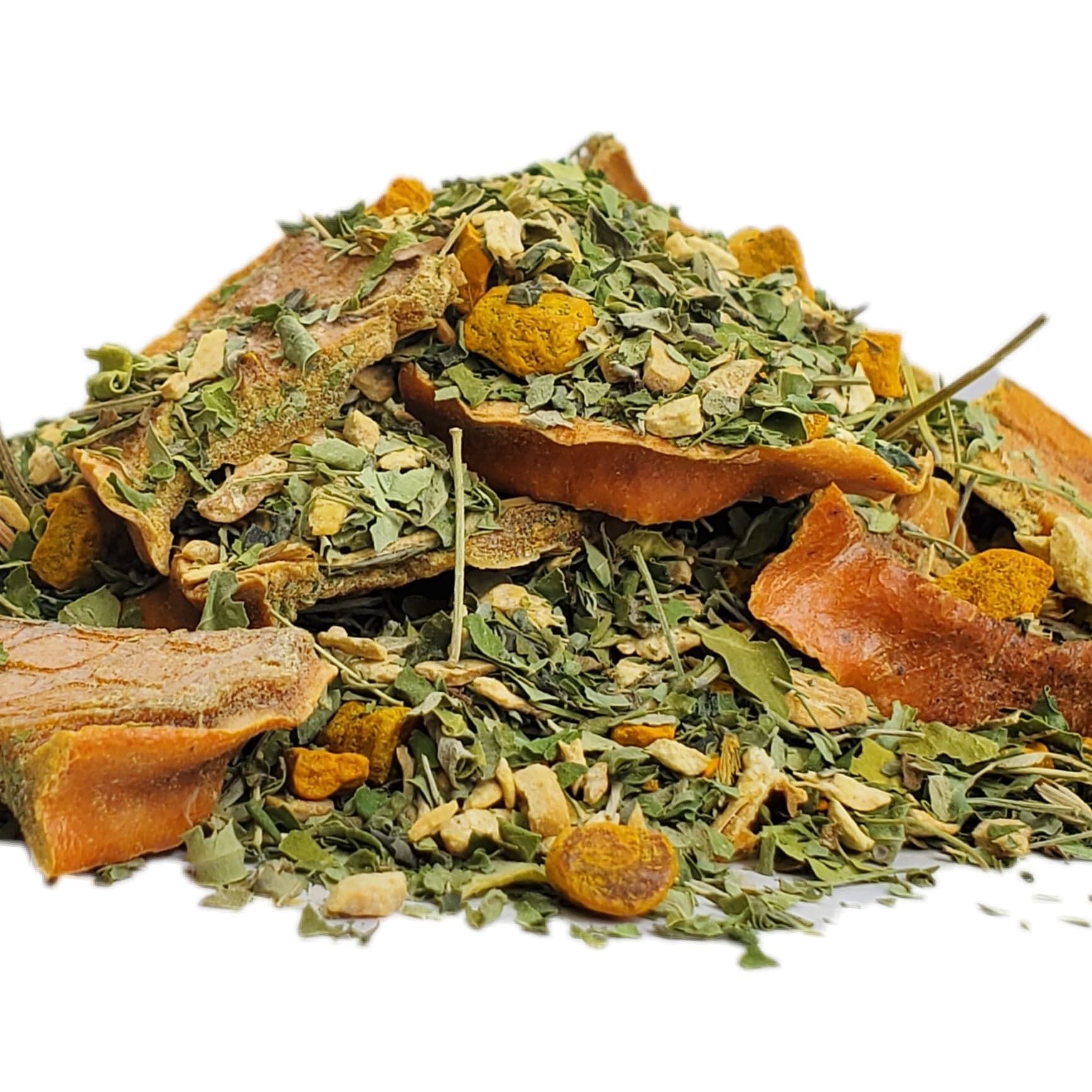 A close-up image of dried persimmon pieces, moringa leaves, ginger, turmeric, and stevia leaf.