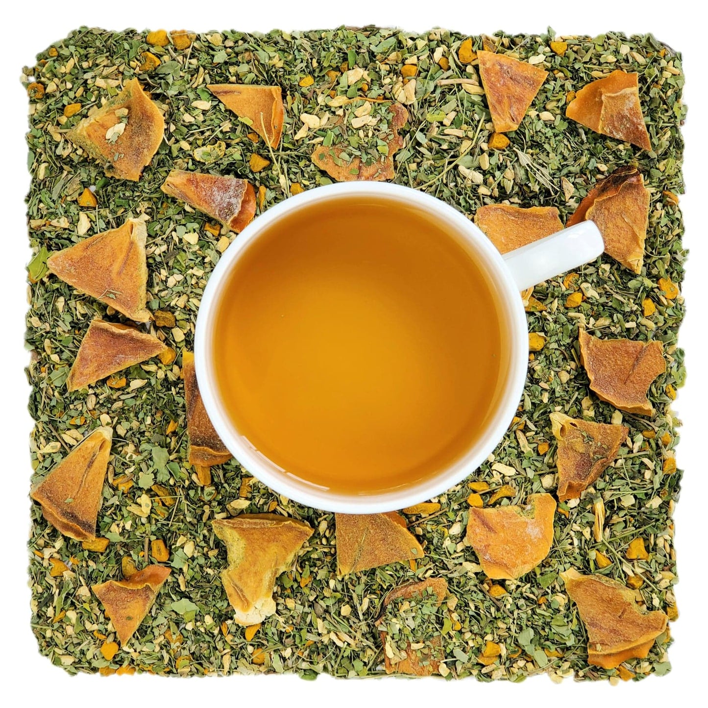 A cup of herbal tea with pieces of persimmon, moringa, and ginger root visible in the background, representing the product 'Organic Persimmon Reflux Relief'.