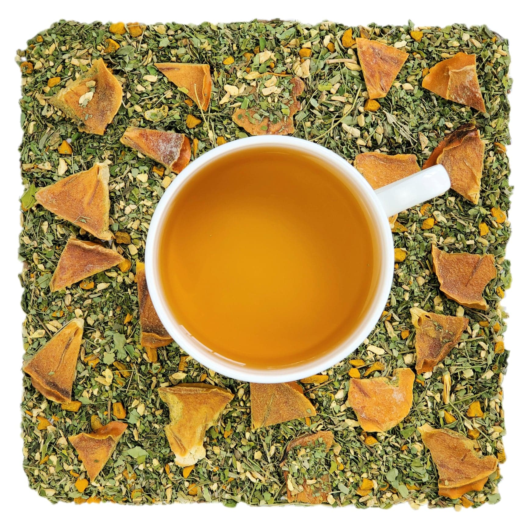 A cup of herbal tea with pieces of persimmon, moringa, and ginger root visible in the background, representing the product 'Organic Persimmon Reflux Relief'.
