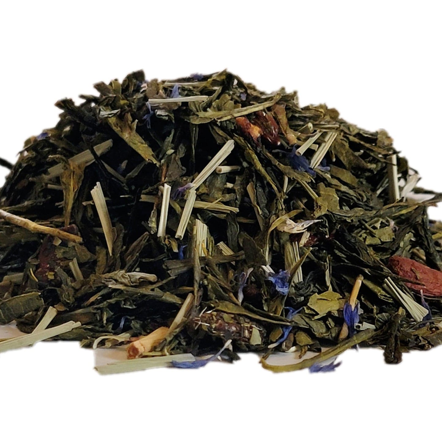 A close-up image of dried green tea with lemongrass, goji berries, pomegranate arils, and blue cornflower petals.