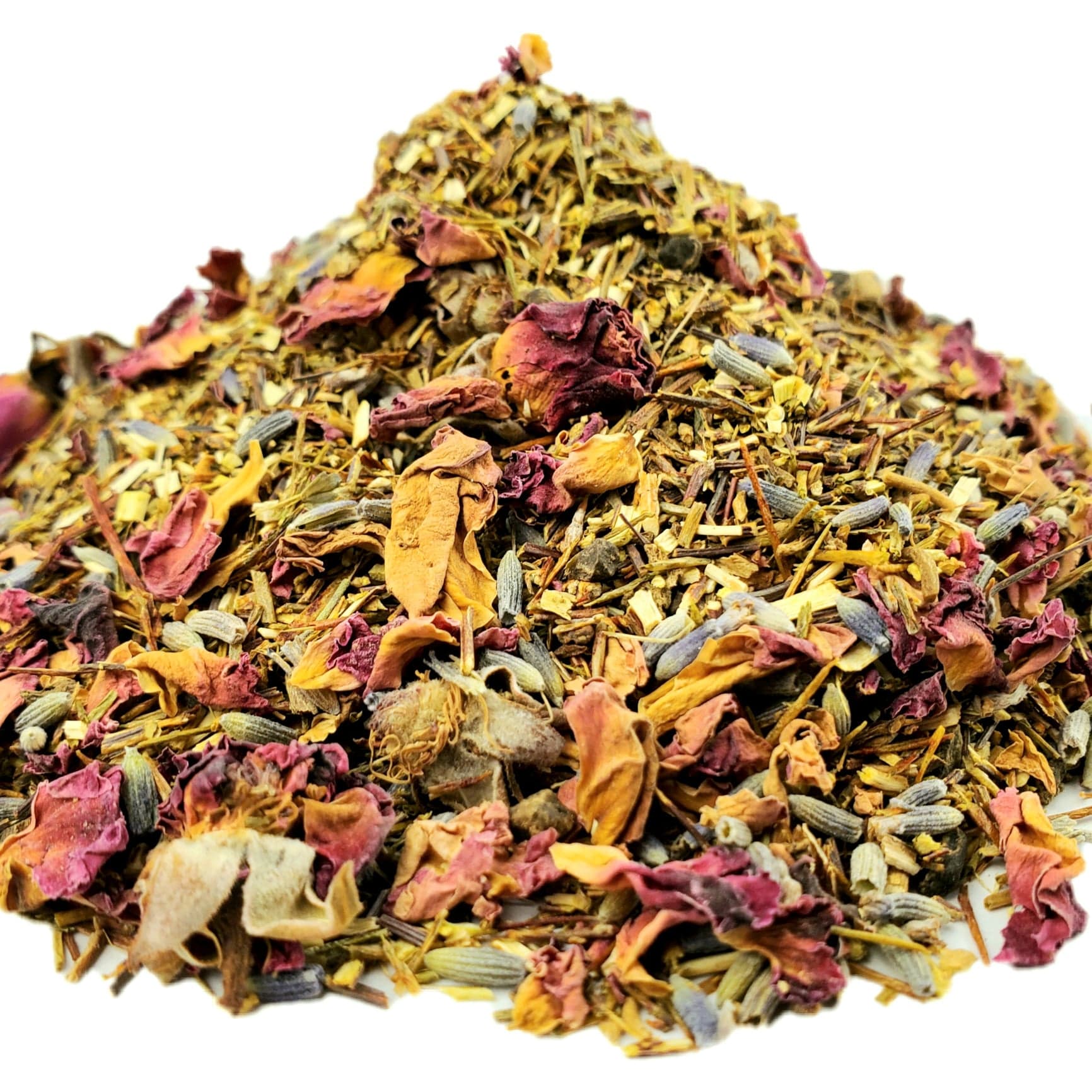 A close-up image of dried rooibos leaves with valerian root, rose petals, and lavender.