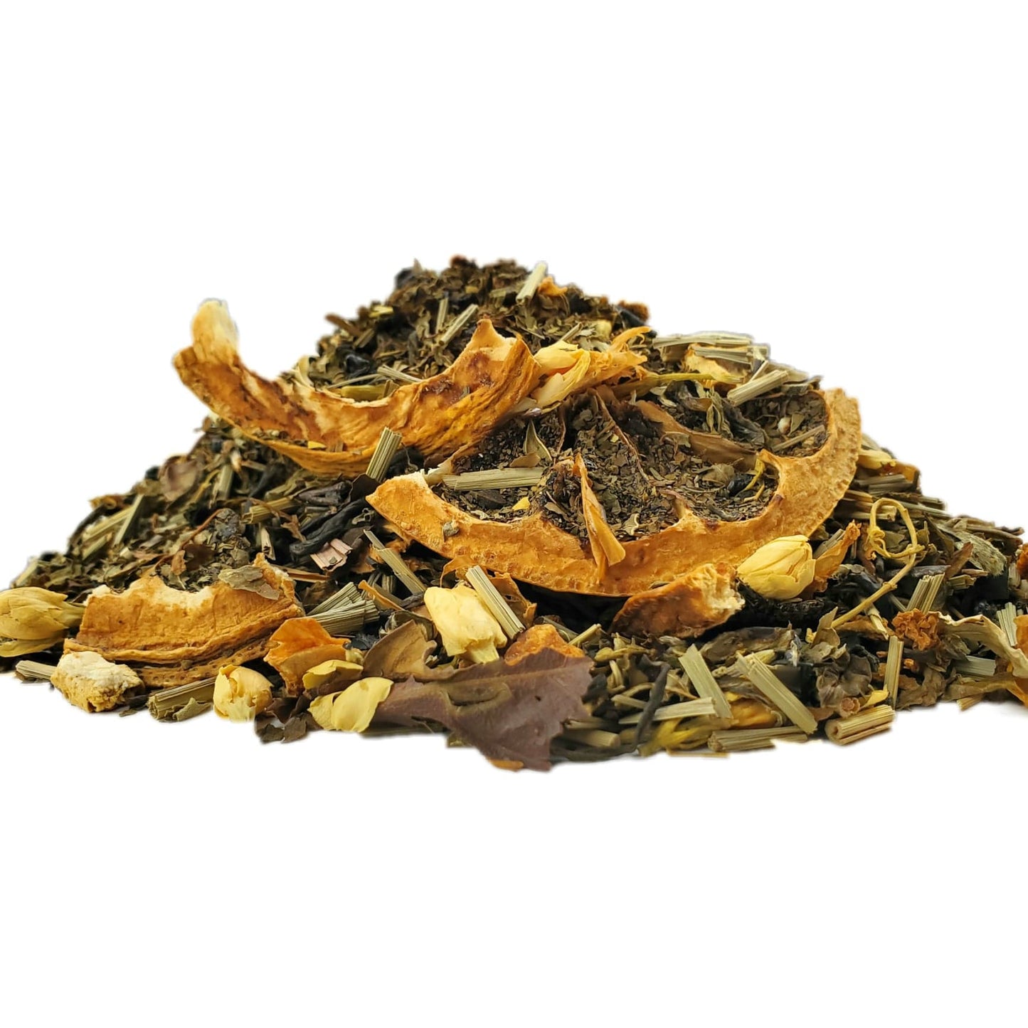 A close-up image of dried green and white teas with citrus pieces, lemongrass, mint, jasmine petals, and other ingredients found in the tea blend.