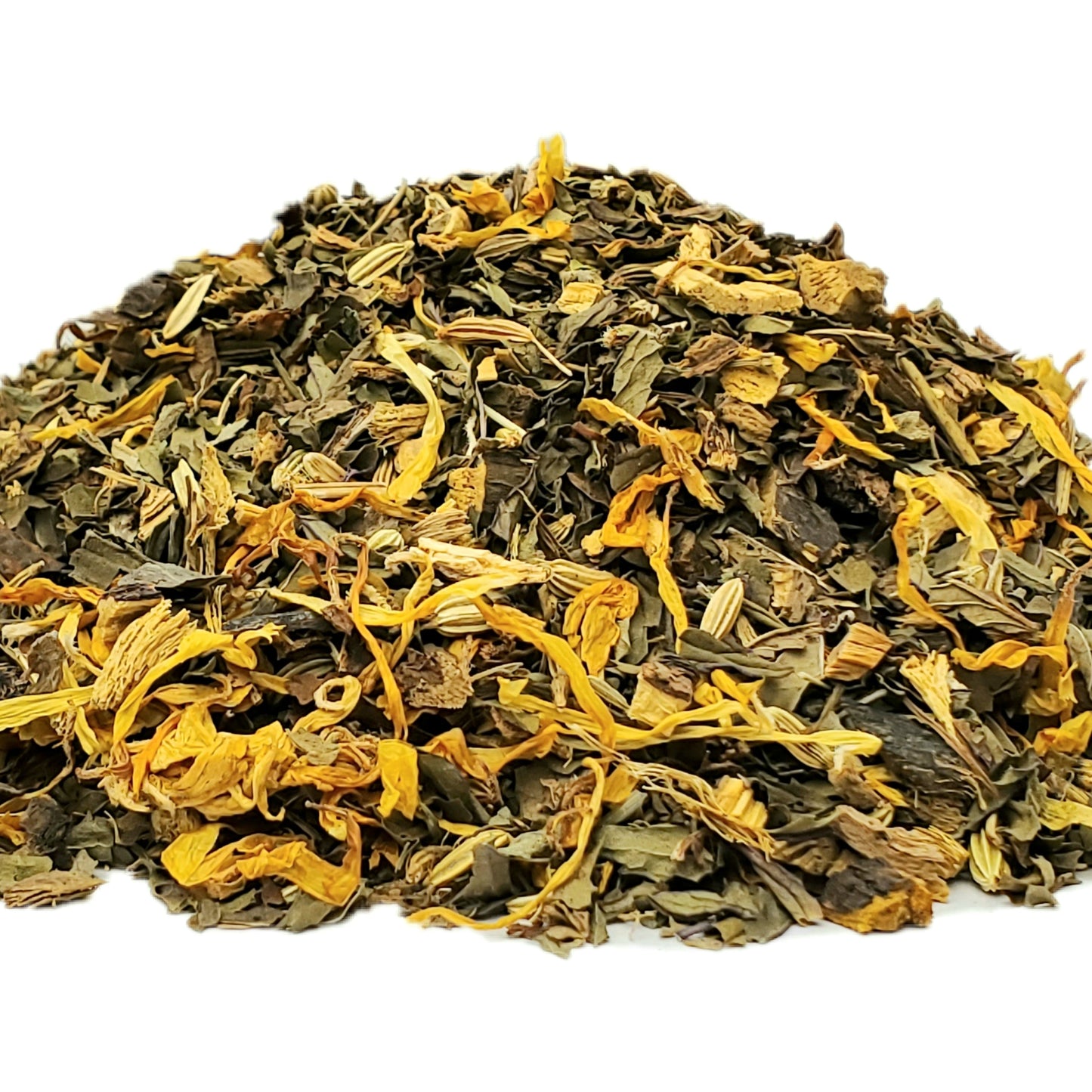 A close-up image of dried Basil leaves, fennel seed, peppermint, and licorice root.