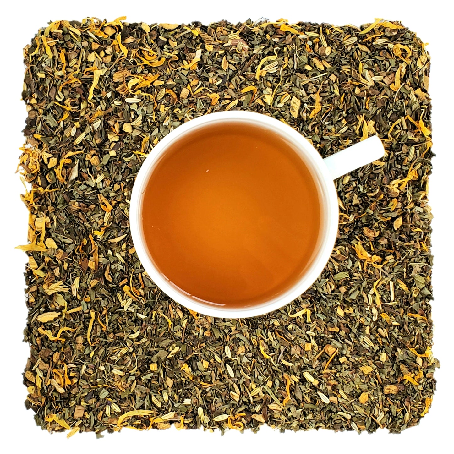 A cup of herbal tea on a bed of dried herbs and flower petals, indicating the ingredients of the tea.