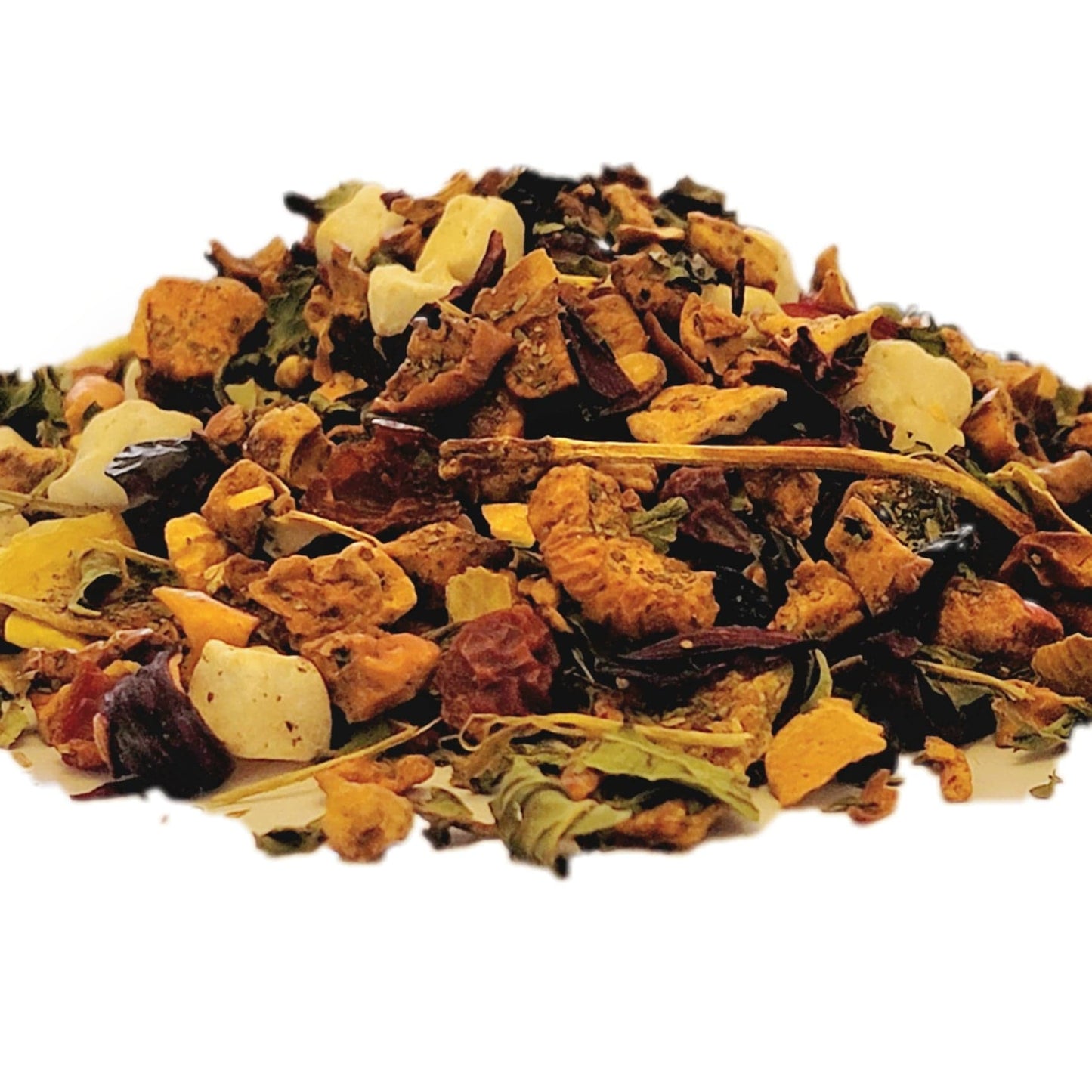 A close-up image of pieces of dried honeydew melon, watermelon, apple, hibiscus, elderberry, peppermint, and rosehips.