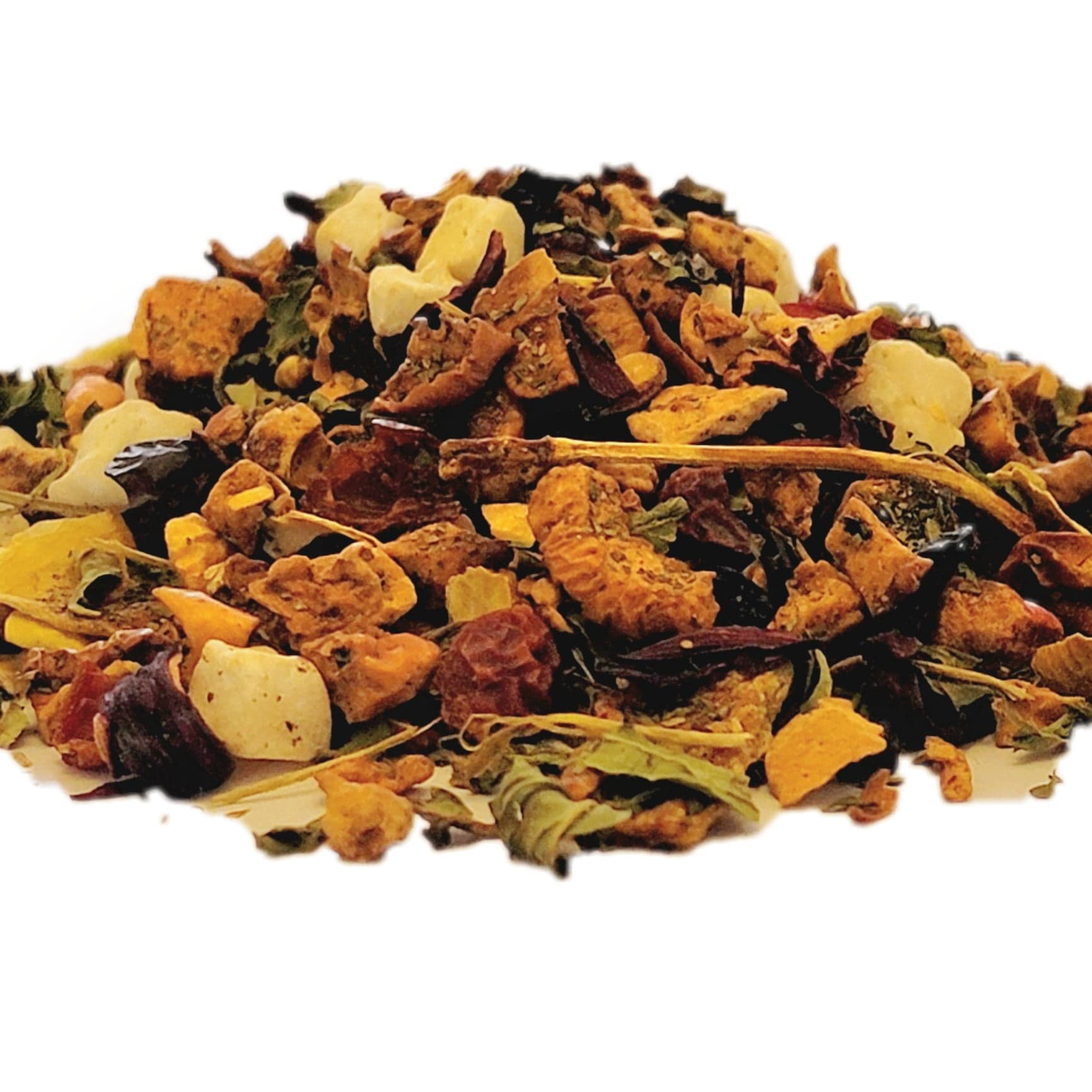 A close-up image of pieces of dried honeydew melon, watermelon, apple, hibiscus, elderberry, peppermint, and rosehips.